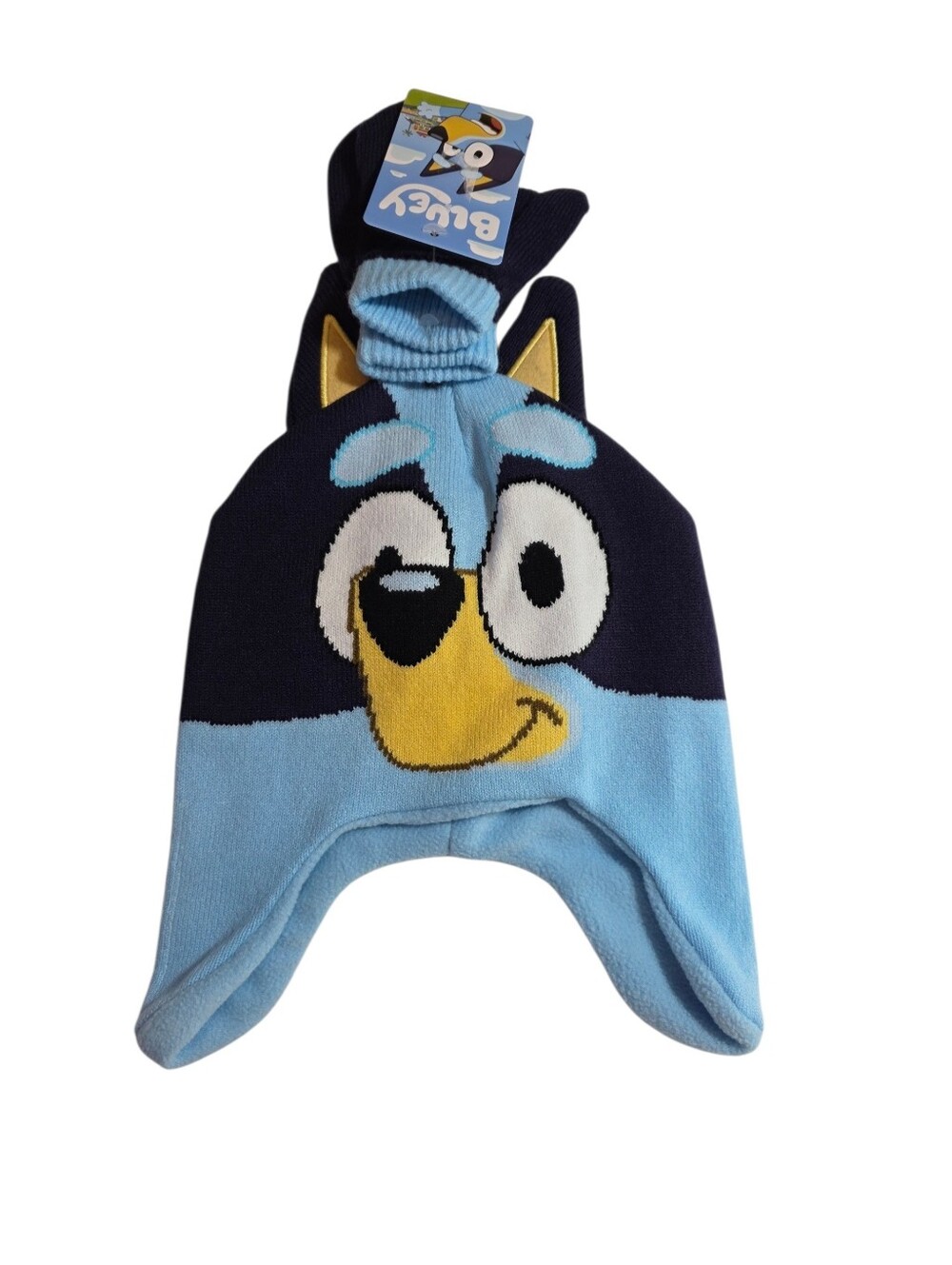 Bluey Kids Earflap Beanie Hat And Mittens Set Light Blue & Navy NWT